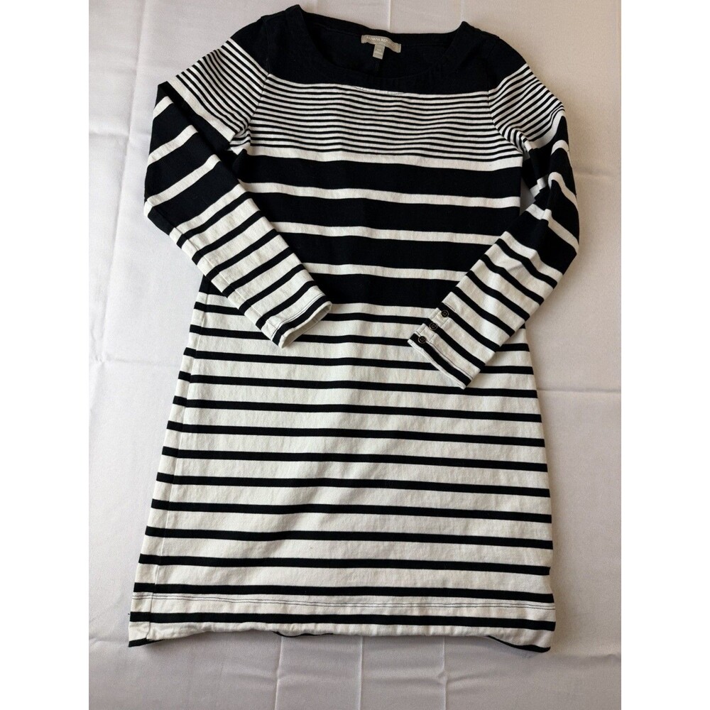 Banana Republic Striped Shift Boat Neck Dress Black White Sz XS Cotton 3/4 slv